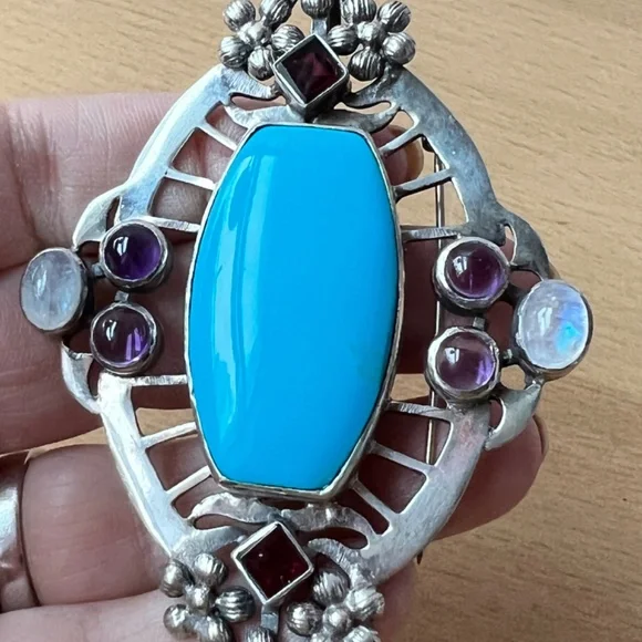 HUGE VINTAGE TURQUOISE AMETHYST GARNET MOONSTONE PENDANT PIN BROOCH 925STERLING